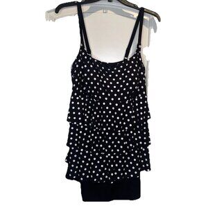 LONGITUDE BLACK WHITE POLKA DOT TIERED RUFFLE I PIECE Swim Dress Swimsuit Sz 14